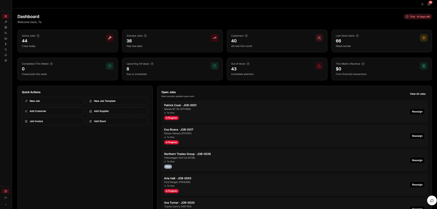 OMS dark owner dashboard with live KPI counts, quick actions, and open jobs list
