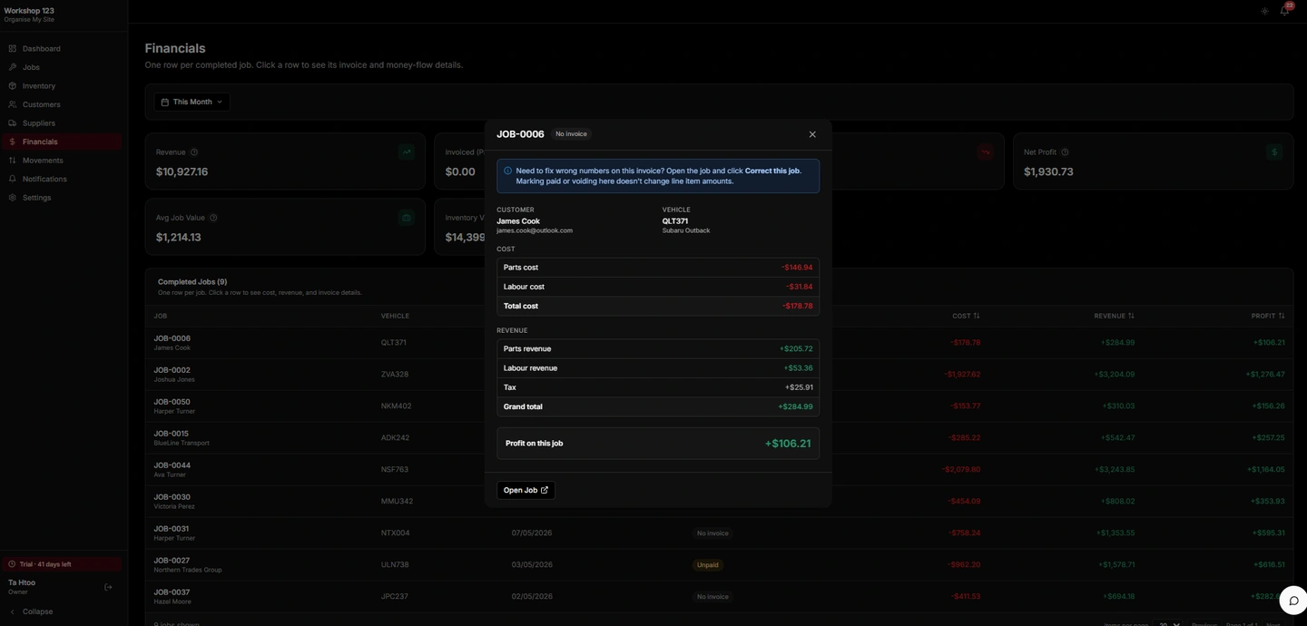 OMS dark Financials page with revenue KPIs, expenses, and completed jobs table